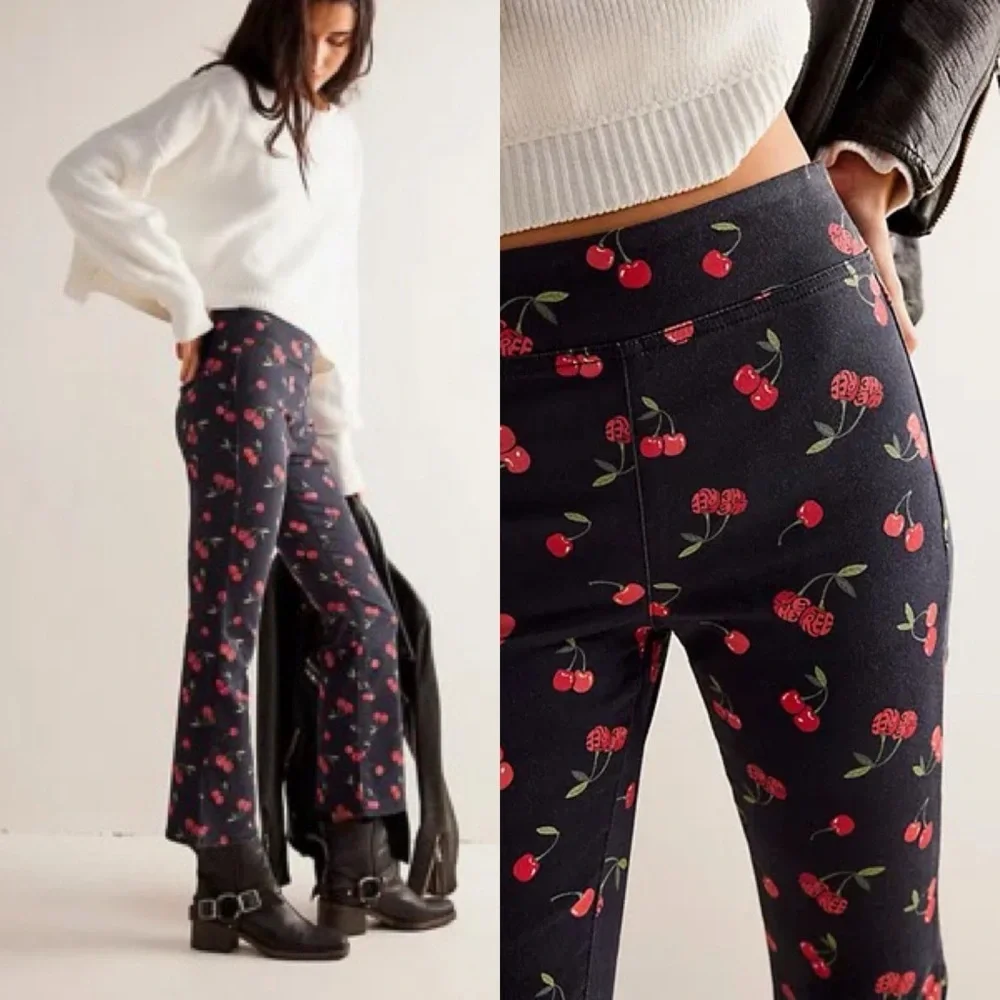 Free People / NWT Cherry Fruit Print Flare Crop Pants in Black